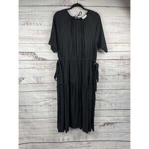 Böhme Dress Women's Large Black Pleated Tiered Boho Midi Sundress Half Sleeve